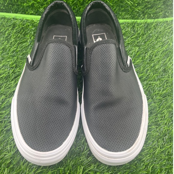 Vans Classic Slip On Perforated Leather Sneakers Black White Men US 6 Women 7.5 - Picture 3 of 10